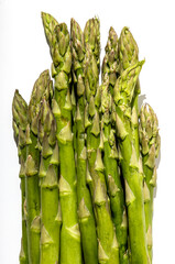 Asparagus bunch display on wood hessian white background healthy green recipe food