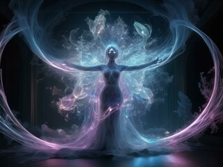 (((Diffuse dynamic colors))), (((Create an artistic image that combines fantasy space and wild nature))), (((Intricate 3D projections of transparent ghostly texture and glowing hollow electronic threa