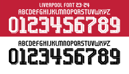 font vector team 2023 kit sport style font. england football style font 2023-2024. Liverpool. sports style letters and numbers for soccer team. liverpool home-away font england teams.