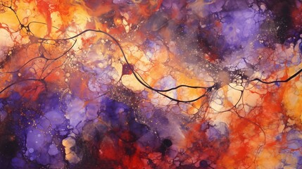 Abstract Art in Purple, Gold and Orange, Luminous Watercolors, Serene Nebula Ink Paintings