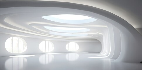 White minimalistic abstract room. Light from lamps on the walls