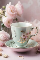 Fototapeta na wymiar cup of tea and pink rose -Ai generator 