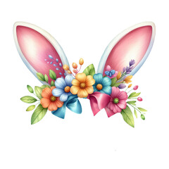 Watercolor Bunny Ears with Flowers Clipart