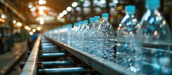 Plastic bottles being made on a factory conveyor belt. - obrazy, fototapety, plakaty