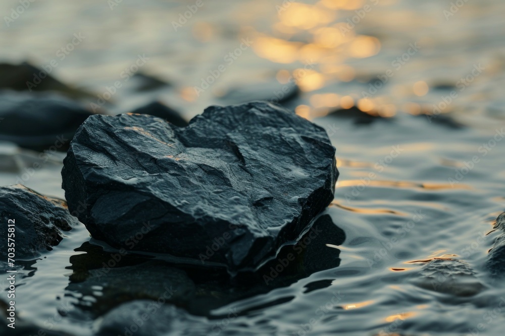 Poster heart-shaped stone in a mountain stream. background with selective focus and copy space