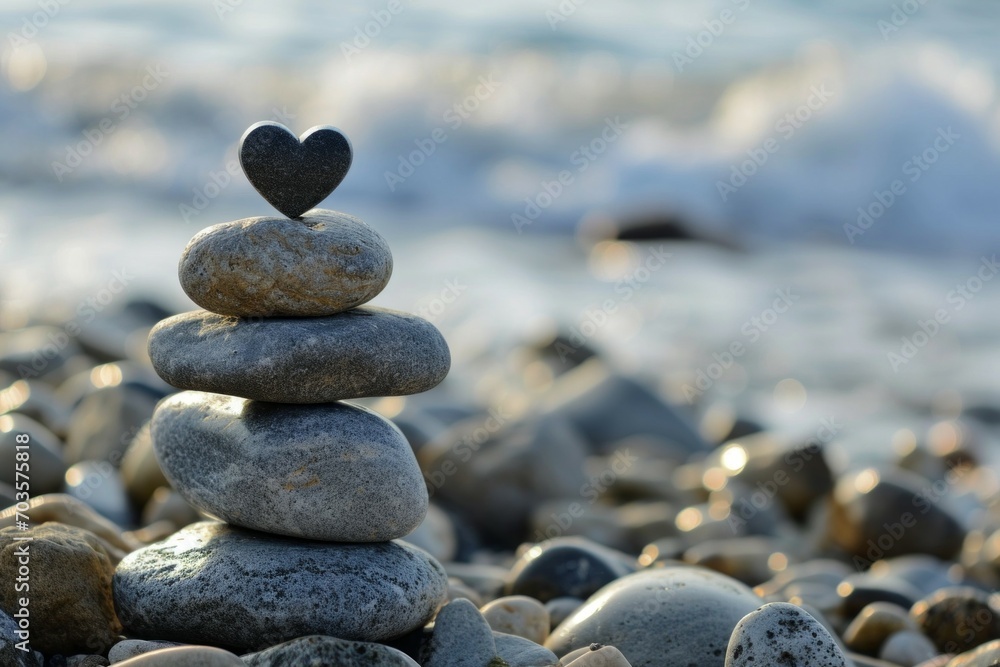 Poster a cairn with a heart-shaped stone on top. background with selective focus and copy space