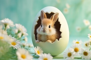 Fototapeta premium A fluffy bunny emerging from a decorated Easter egg among daisies with a teal backdrop.