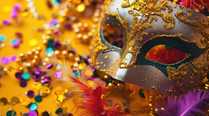 Top view of Mardi Gras carnival mask with feathers and beads decoration