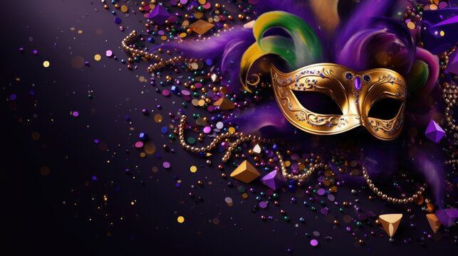 Top view of Mardi Gras carnival mask with feathers and beads decoration