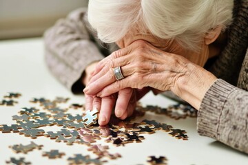 Sad Elderly person hands and head over a puzzle
