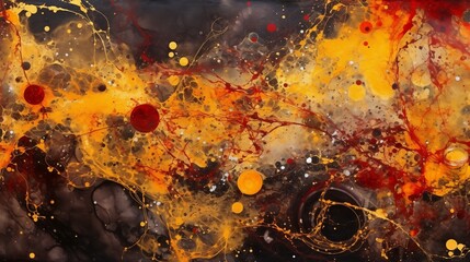 Abstract Painting with Dark Yellow Gold Red and Orange Splashes, Fluid Cosmic Space Style Canvas Art, Black Background