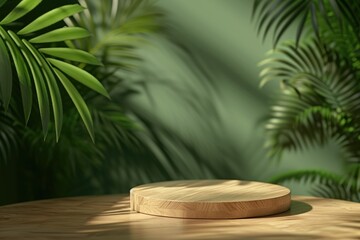 Obraz premium Wooden podium for product presentation with green leaves on the background