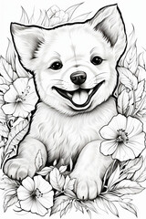 Coloring page, dog in flowers, Generative AI