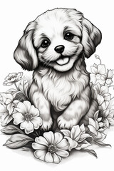 Coloring page, dog in flowers, Generative AI