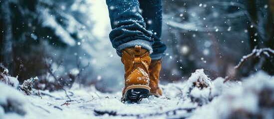 Man wearing warm winter boots walks in snow. - obrazy, fototapety, plakaty