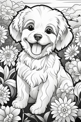 Coloring page, dog in flowers, Generative AI