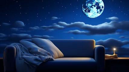 Foto op Plexiglas Sleep day, asleep and health problems, insomnia, soft bed time night lazy pillow comfort room, relax melatonin, woman man girl boy, moon star, banner copy space greeting card background. © Ирина Батюк