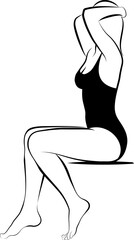 sitting woman touching her head in beachwear 