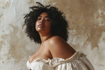 Happy plus size woman. Confident lady with curves. Love yourself, body positive concept - obrazy, fototapety, plakaty