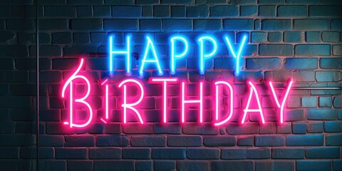 colorful neon happy birthday sign on brick wall background Generative AI