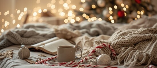 Relaxing Christmas morning in a cozy, beige bedroom with a book, coffee mug, and candy cane.