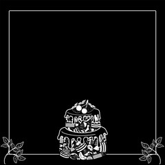 Template with two-tier cake from various black and white confectionery icons on black background. Vector illustration for menu, poster, card.