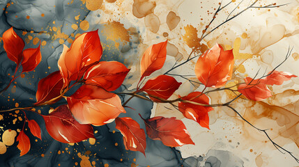 Modern painting, abstract, metal elements, texture background, flowers, plants and flowers