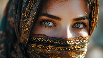 Close-up portrait of a beautiful muslim woman in black burqa. Oriental beauty, fashion. Make-up and cosmetics.