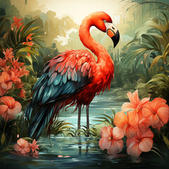 Pink flamingos, exotic birds, tropical palm leaves, trees, jungle leaves