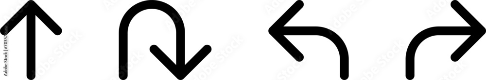 Poster go straight this way one way only u turn left and right black arrow sign direction icon set. vector 