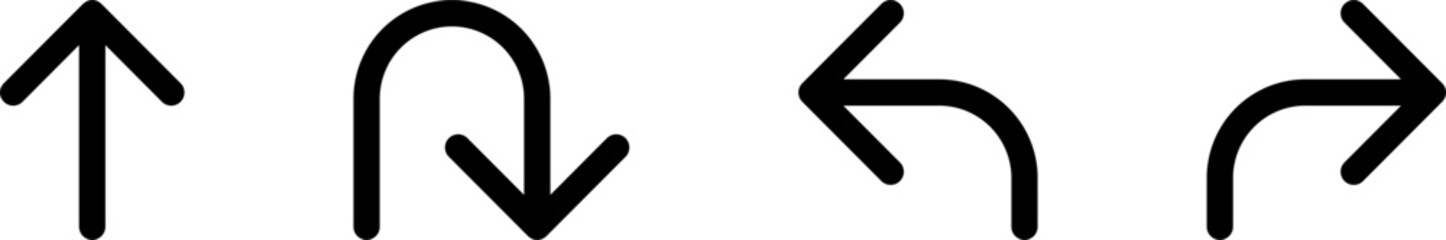Go Straight This Way One Way Only U Turn Left and Right Black Arrow Sign Direction Icon Set. Vector Image. - obrazy, fototapety, plakaty