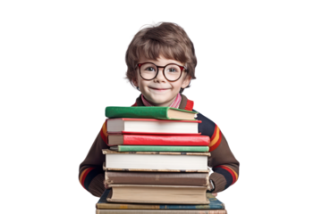 Funny smiling child school boy with glasses hold books on transparent background.