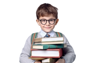 Funny smiling child school boy with glasses hold books on transparent background.