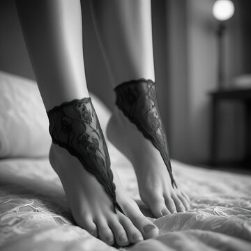 Classic Pin-Up Beauty - Fair-skinned Hispanic woman in lingerie, showcasing perky breasts and a soft arch of a foot in a lace slipper in a timeless black and white setting Gen AI