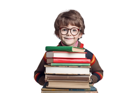 Funny smiling child school boy with glasses hold books on transparent background.