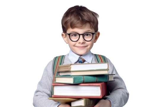 Funny smiling child school boy with glasses hold books on transparent background.