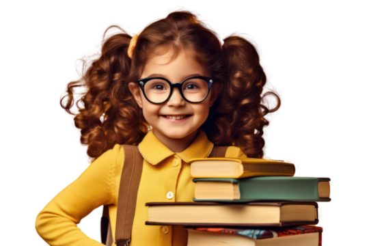 Funny smiling child school girl with glasses hold books on transparent background.