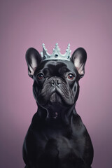 Regal French Bulldog Wearing a Crown on Pink Background