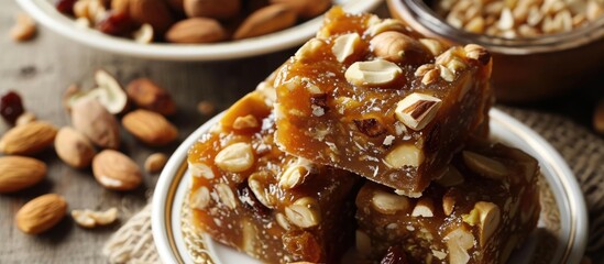 Dates, figs, cashews, raisins, pistachios, almonds, and mawa in Khajur Barfi or Khajoor Dry Fruits Burfi contain dietary fiber, proteins, and vitamins. - obrazy, fototapety, plakaty
