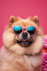 Fashionable Pomeranian Dog with Pink Sunglasses on Pink Background