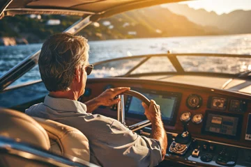 Zelfklevend Fotobehang Back view of middle aged man driving luxury motor yacht. © ant
