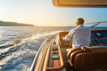 Back view of middle aged man driving luxury motor yacht. - obrazy, fototapety, plakaty