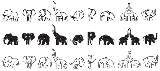 monochrome collection of elephant icons isolated on white background