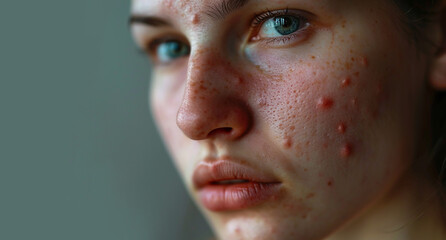 Close up acne on woman's face with rash skin and red skin syndrome allergic to cosmetics. Face with natural light and natural skin