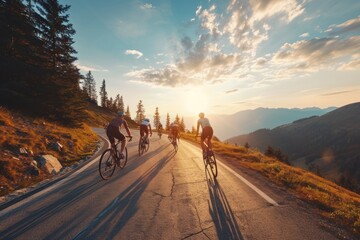 Cyclists team rides on mountain road at sunset sky. - Powered by Adobe