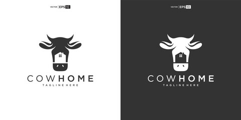 Bull, Cow, Angus, Cattle with House for Home Real Estate Residential Mortgage Apartment Building Logo Design