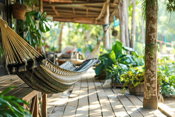 Homestay accommodation with hammocks and green plants. Retreat and outdoor recreation Eco-friendly concept.