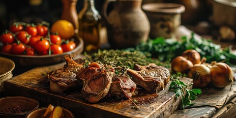 Lamb & Mutton Medley, A Visual Journey Through Southeastern European Culinary Traditions, Capturing Richness - Traditional Balkan Kitchen Setting - Warm, Soft Lighting & Artistic Meat Composition - obrazy, fototapety, plakaty