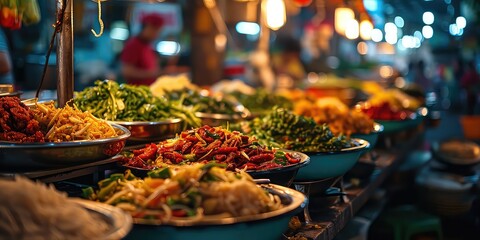 Southeast Asian Culinary Marvels, A Visual Journey Through Exquisite Flavors and Vibrant Culinary Fusion - Bustling Street Food Market Ambiance - Dynamic Colors & Artistic Dish Composition