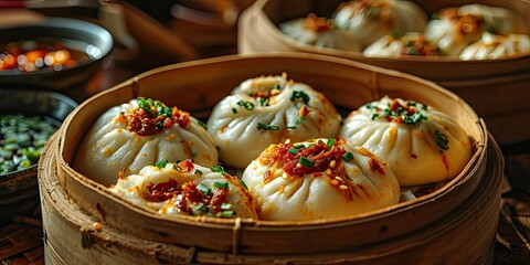 Cha Siu Bao Culinary Elegance, A Visual Feast of Steamed Buns Filled with Sweet BBQ Pork, Asian Charm in Every Bite - Traditional Chinese Dim Sum Restaurant Ambiance - Dynamic Colors